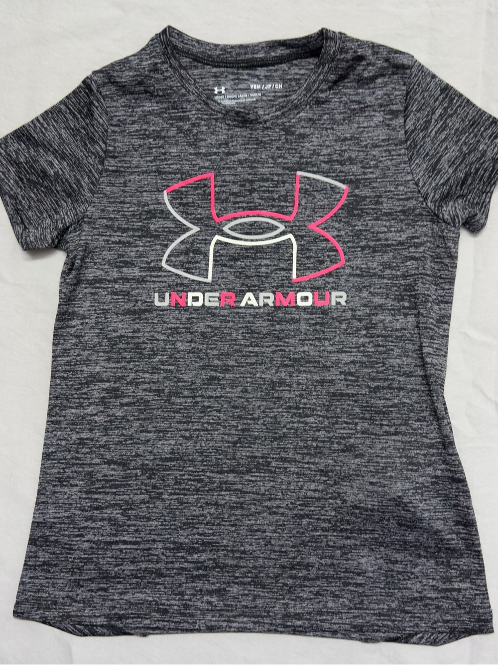 Under Armour Girls Heather Gray Tee with Pink Logo Outline